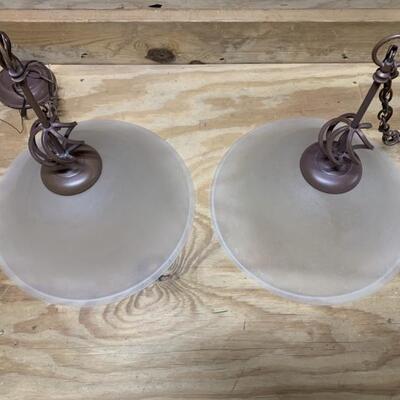 (2) Hanging Brown Metal Pendant Lights with with Frosted Shades