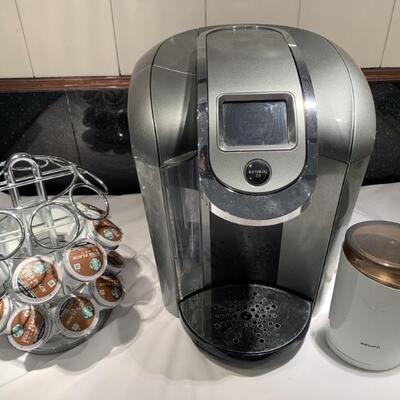 Keurig Coffee Pot & Coffee Pod Holder, and a Coffee Grinder