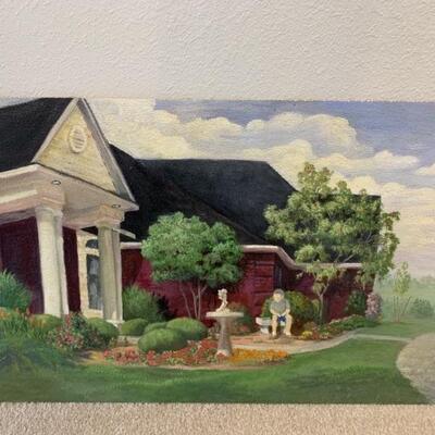 Boy on Bench in Front of Red Brick House Original Oil Painting by an Award Winning Local Artist
