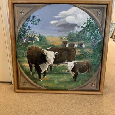 Cows Grazing with Billowing Clouds, Original Painting by an Award Winning Local Artist