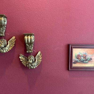 (2) Mid Century Brass Angel Shelves and a Picture
