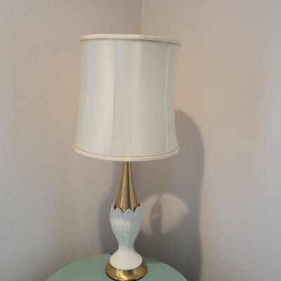 Vintage White Ceramic & Brass Table Lamp w Shade