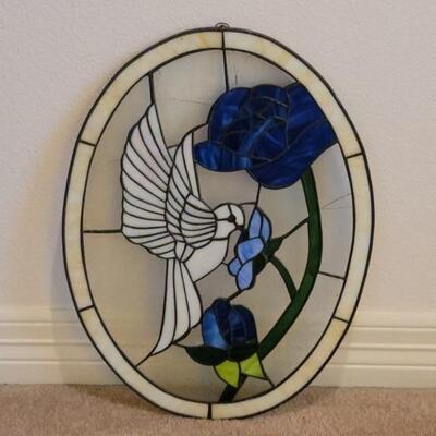 Oval Stained Glass with Hummingbird & Blue Flowers