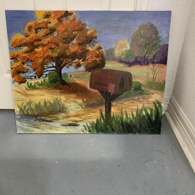 Rural Texas Painting, Mailbox & Fall Foliage, Original Painting by an Award Winning Local Artist