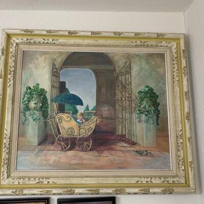 Baby in Carriage at Old World Villa Gate, Original Painting by an Award Winning Local Artist
