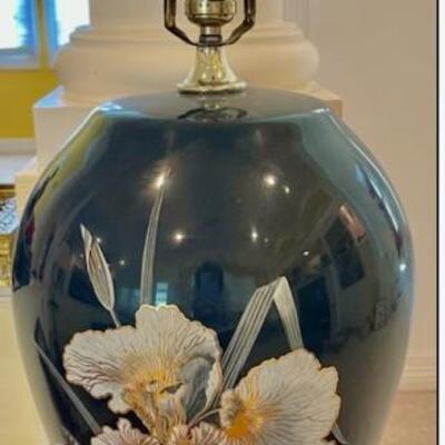 Vintage Ceramic Lamp with Blue Flower, No Shade