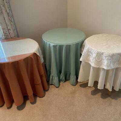 (3) Glass Top Accent Tables with Cloths & Toppers