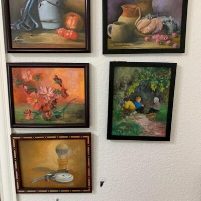 Grouping of 5 Paintings, 3 Still Life, a Floral, Children in a Grove of Trees, Original Paintings by an Award Winning Local Artist