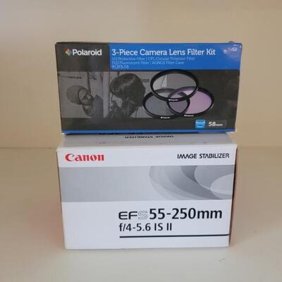 Canon Image Stabilizer Lens EFS 55-250MM & Polaroid 3 Piece Camera Lens Filter Kit
Both are New in Box�