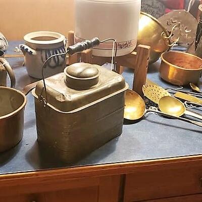 Vintage Rare Metal Lunch Box, Antique Brass Ladles, & Copper Pots
