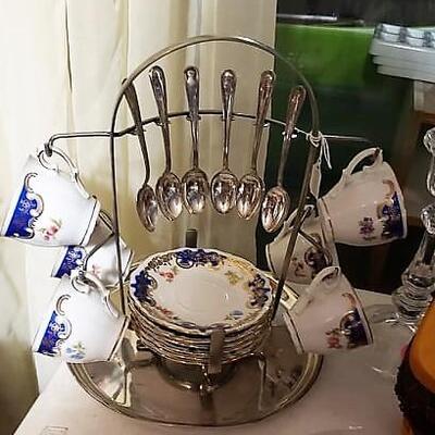 Antique 6 Pc Tea Set with Spoons, Holder and Plate
