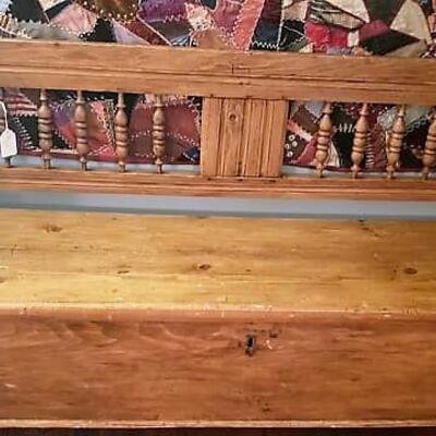 Antique Pine Wood Lift Top Bench  With Storage under Seat