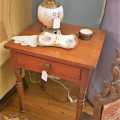 Vintage End Table, Limoges China & Antique Lamp