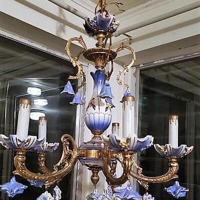 Vintage Capodimonte Porcelain Blue Chandelier  