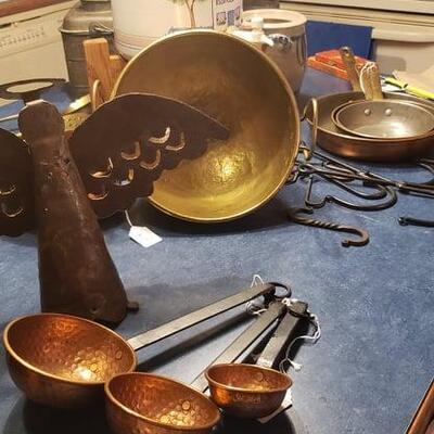 Antique Copper Ladles and Brass Pot