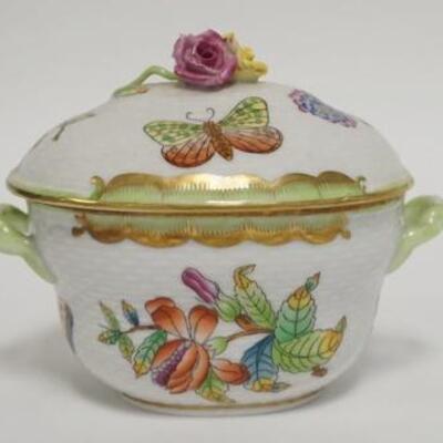 1013	HEREND OVAL COVERED BOX W/ BUTTERFLIES & FLOWERS, & ROSE FINIAL 5 1/2 IN ACROSS THE HANDLES, 4 1/4 IN H 
