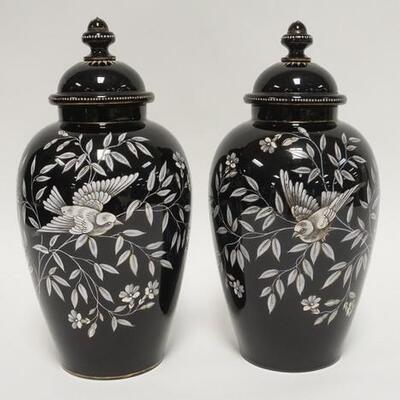 1003	PAIR OF BLACK AMETHYST HAND PAINTED COVERED URNS WHITE W/ GOLD HAND PAINTED OF BIRDS & FLOWERS A COUPLE BEADS OF PAINT ARE MISSING...