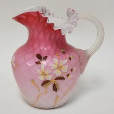 1005	VICTORIAN HAND PAINTED SATIN GLASS PITCHER DIAMOND QUILTED MOP PINK SHADING TO WHITE POLISHED PONTIL HAS APPLIED RIBBED HANDLE. 8...