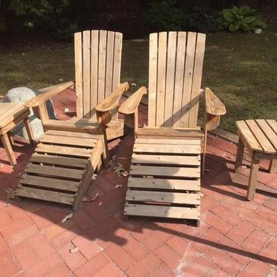 Adirondack Chairs with Ottomans, Side tables; Includes Sunbrella Cushions