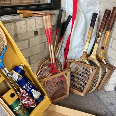 Vintage wooden tennis and badminton racquets 