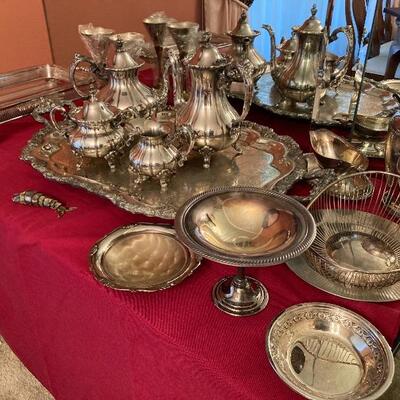 Silver plated tea set and serving pieces