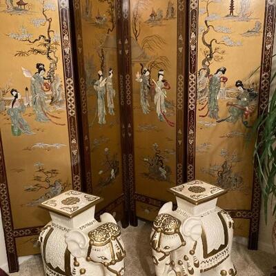 Gold Coromandel screen room divider and Hollywood Regency white/gold elephant stools/plant stands, table bases