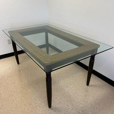 Rattan and Glass Top Table. 60 1/4