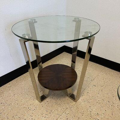 Retro glass top, metal frame, wood shelf end table. 23 1/2