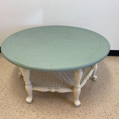 Round Coffee Table with Green Top and Antique White Rattan Base. 40