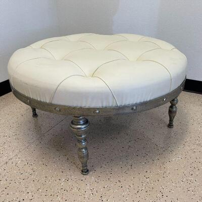 White Leatherette tufted foot stool/ottoman with brushed metal legs. 35