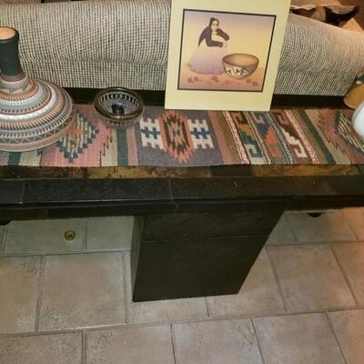 Inlaid table and Native American weaving