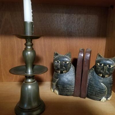 Pewter candlestick, cat bookends