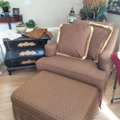 Custom high end upholstered chair with ottoman and pillows