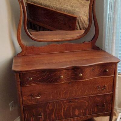Antique tiger eye oak dresser with mirror