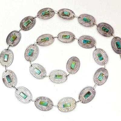 #632 • Vintage Navajo Sterling Silver Concho Belt With Green Turquoise And Adjustable Link. This Tremendous vintage Navajo Silver Concho...