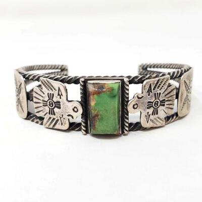 #636 • Native American Sterling Silver Green Turquoise Cuff. Weighs Approx 28.4g Approx Cuff Size 2.5