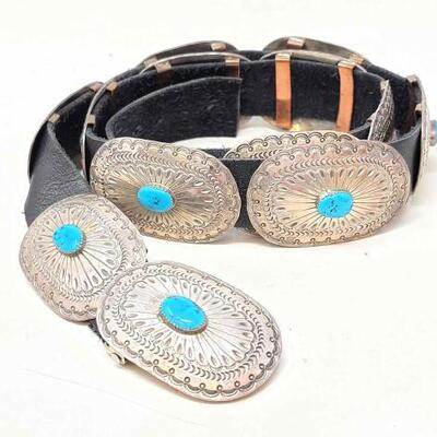 #630 • Vintage Native American Navajo Concho Belt With Turquoise Stones -401.7g: This Beautiful Vintage Native American Navajo Concho...