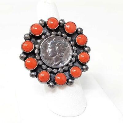 #646 • Crazy Best Navajo Coral Coin Sterling Silver Native American Ring: This is a unique Navajo silver ring. This 1932 Mercury dime is...