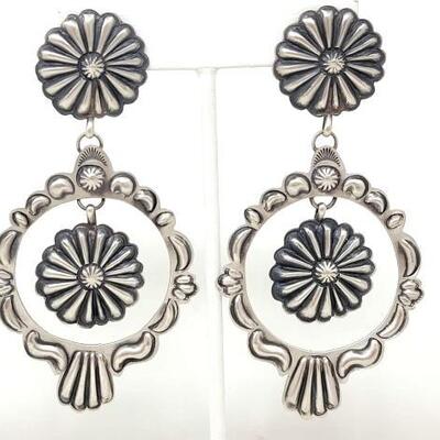 #648 • Vintage Double Concho Native American Sterling Silver Engraved Earrings. Weighs Approx 19.6g. 