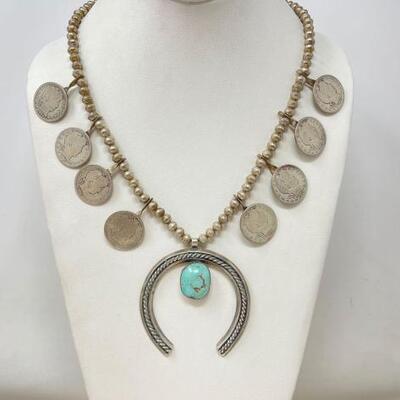 #932 • Native American Sterling Silver Large Cent And Turquoise Squash Blossom, 118g
Weighs Approx 118g Length Approx 21.5”.