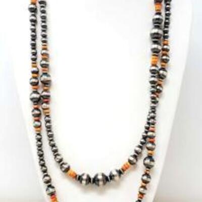 #656 • Oxidized Sterling Silver Bead Necklace With Spiny Oyster Shell -115.2g: Beautiful 60″ necklace of multi-shaped sterling silver...