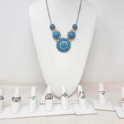 #966 • (8) Fashion Rings with Turquoise Stone and Fashion Necklace. Ring Sizes 5.5-7.5.0 