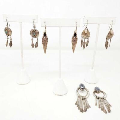 #902 • 4 Pairs Sterling Silver Earrings, 38.5g. Weighs Approx 38.5g. 