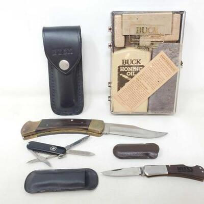 #2586 • (2) Pocket Knives, Multi-Tool, Buck Knife Case and Buck Knives Honing Kit. 
