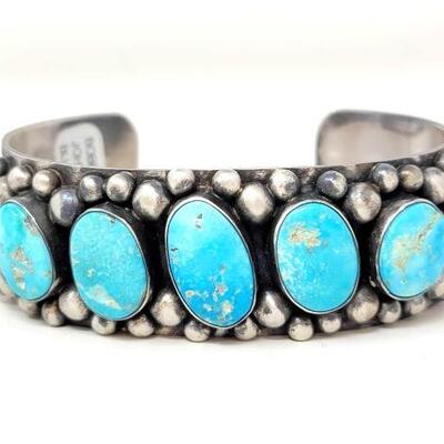 #640 • Native American Sterling Silver Turquoise Stone Engraved Cuff: By Bobby Johnson Blue Bird Beautiful Sterling Sliver Cuff With...