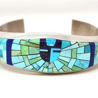 #638 • One Of The Most Detailed Vintage Native American Navajo Turquoise Inlay Sterling Silver Bracelet: This is a breathtaking Navajo...