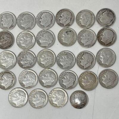 #1374 • 27 90% Silver Roosevelt Dimes And 1 Mercury Dime 09.7g