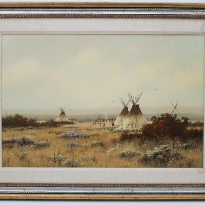 Heinie Hartwig (b. 1937), Oil on board, Teepees and camp flats, signed lower right Heinie Hartwig. Sight: 20
