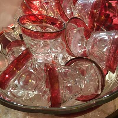 Mid Century Indiana Glass Cranberry/Clear Punch Bowl Set