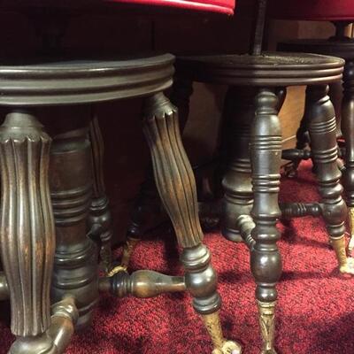 Antique Wood Piano Stools with Glass Marble Cast Iron Claw Feet